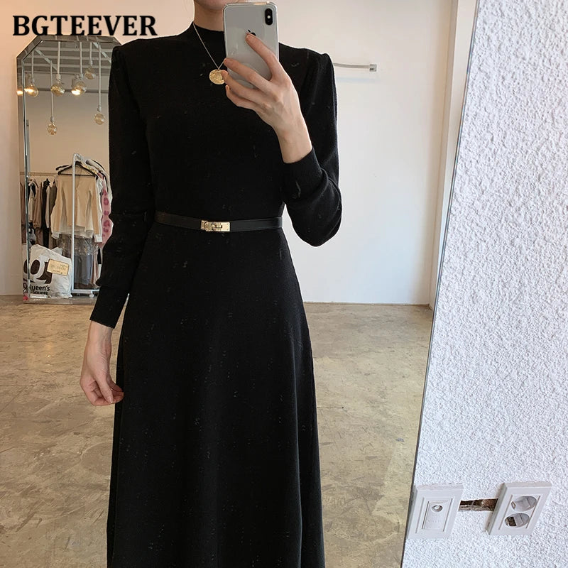 Chic A-Line High-Collar Knit Dress