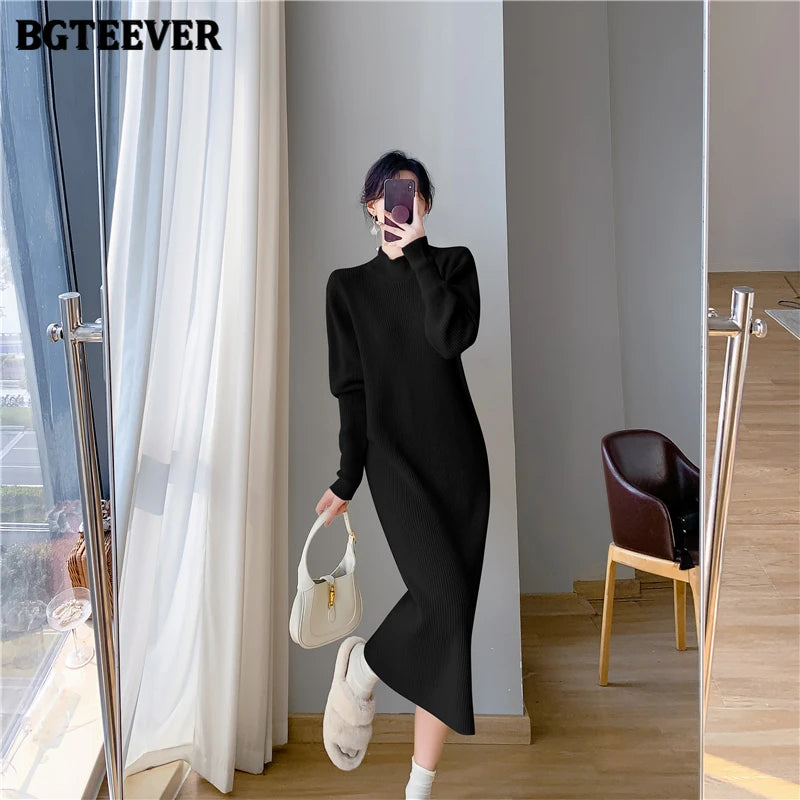 Winter Elegance High-Collar Knit Dress