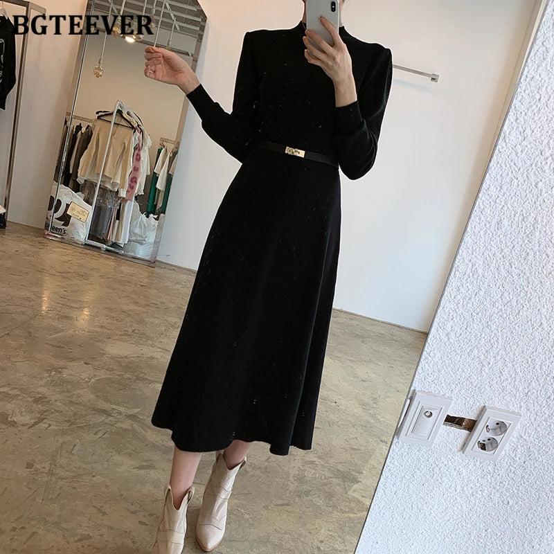 Chic A-Line High-Collar Knit Dress